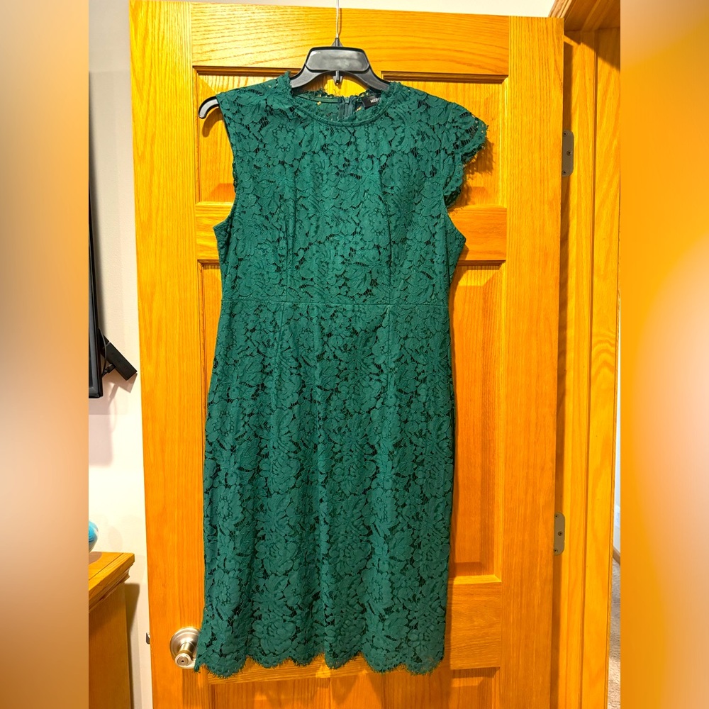 Green lace wedding guest dress
